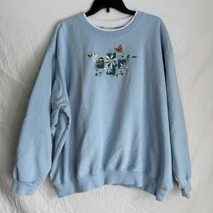 Top Stitch Morning Sun Vtg Blue Embroidered Bird Butterfly Sweatshirt 3X Grandma